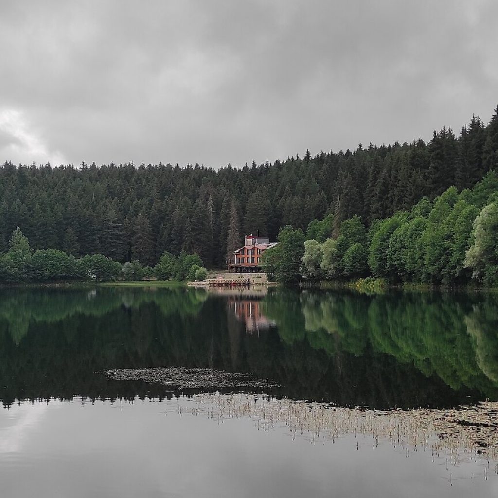 Artvin'deki Karagöl Tabiat Parkı'nın dağlarla çevrili durgun su yüzeyinin genel görünümü