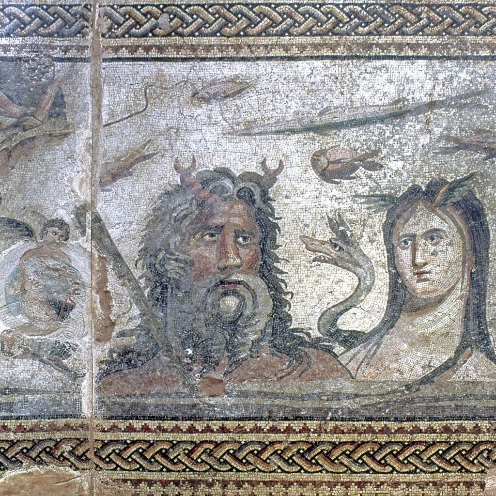 Gaziantep'teki Zeugma Mozaik Müzesi'nde sergilenen antik Oceanus ve Thetys mozaiğinin görünümü